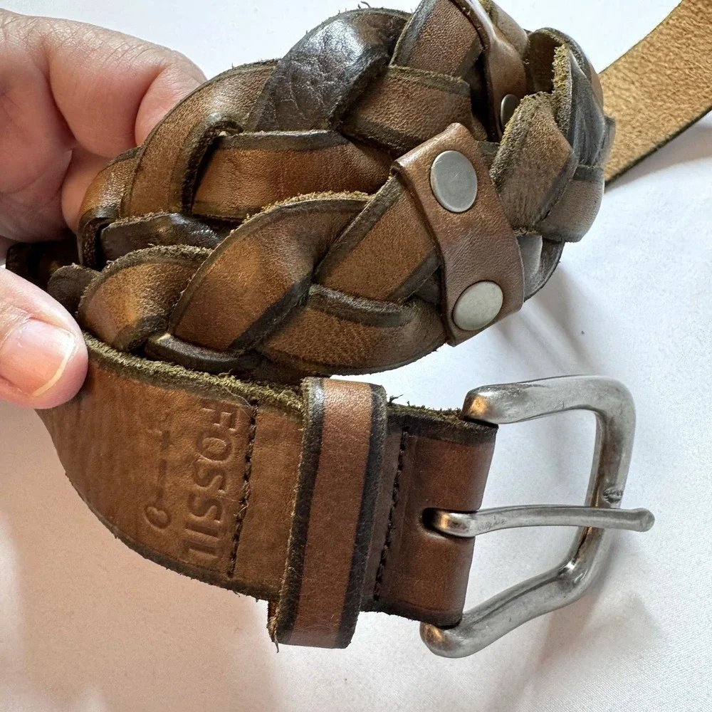 Fossil Mens Vtg Brown Genuine Braided Leather Belt Size XL Fits Approx 38
